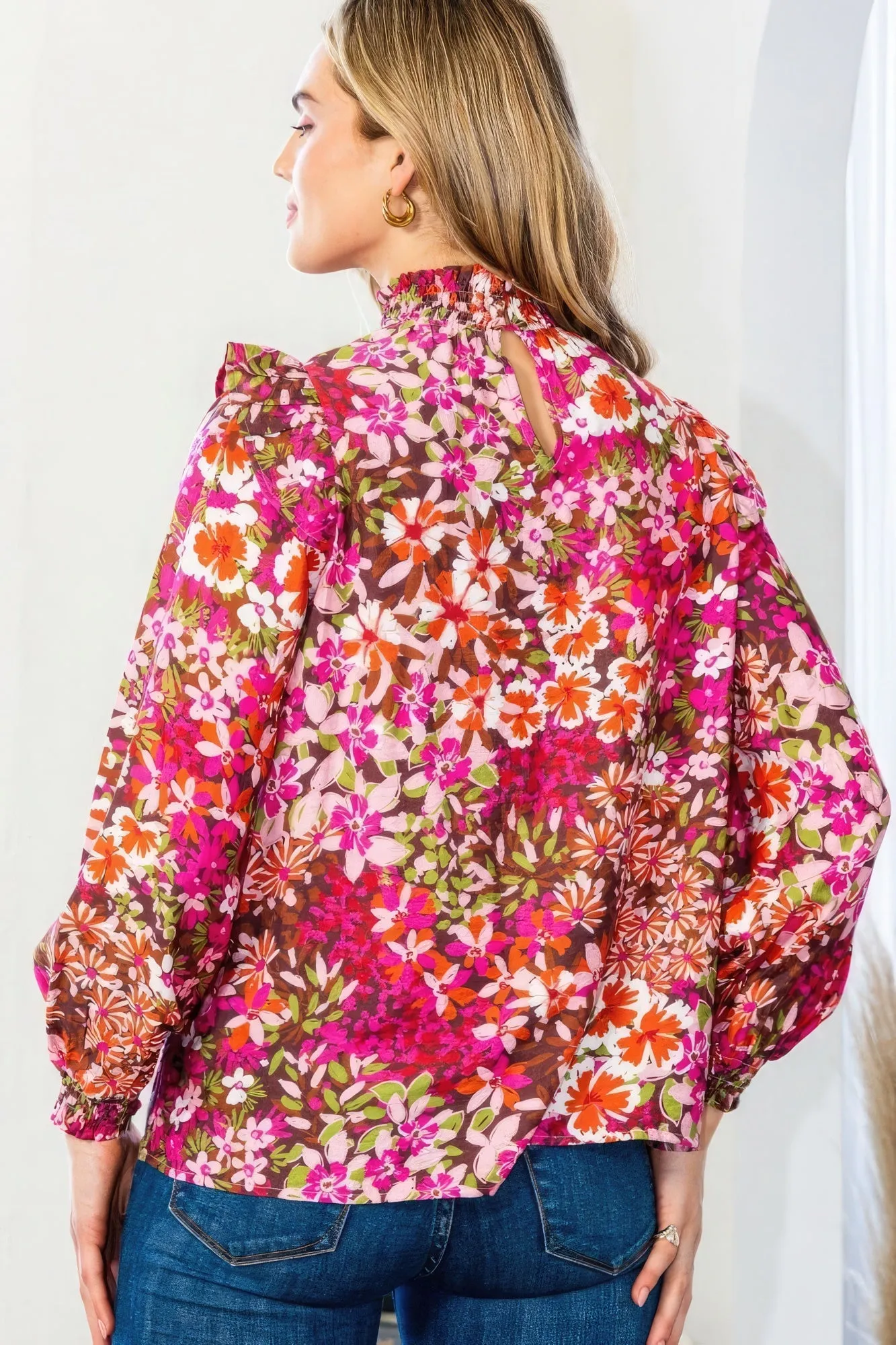 Women's Floral Mock Neck Smocked Yoke Blouse