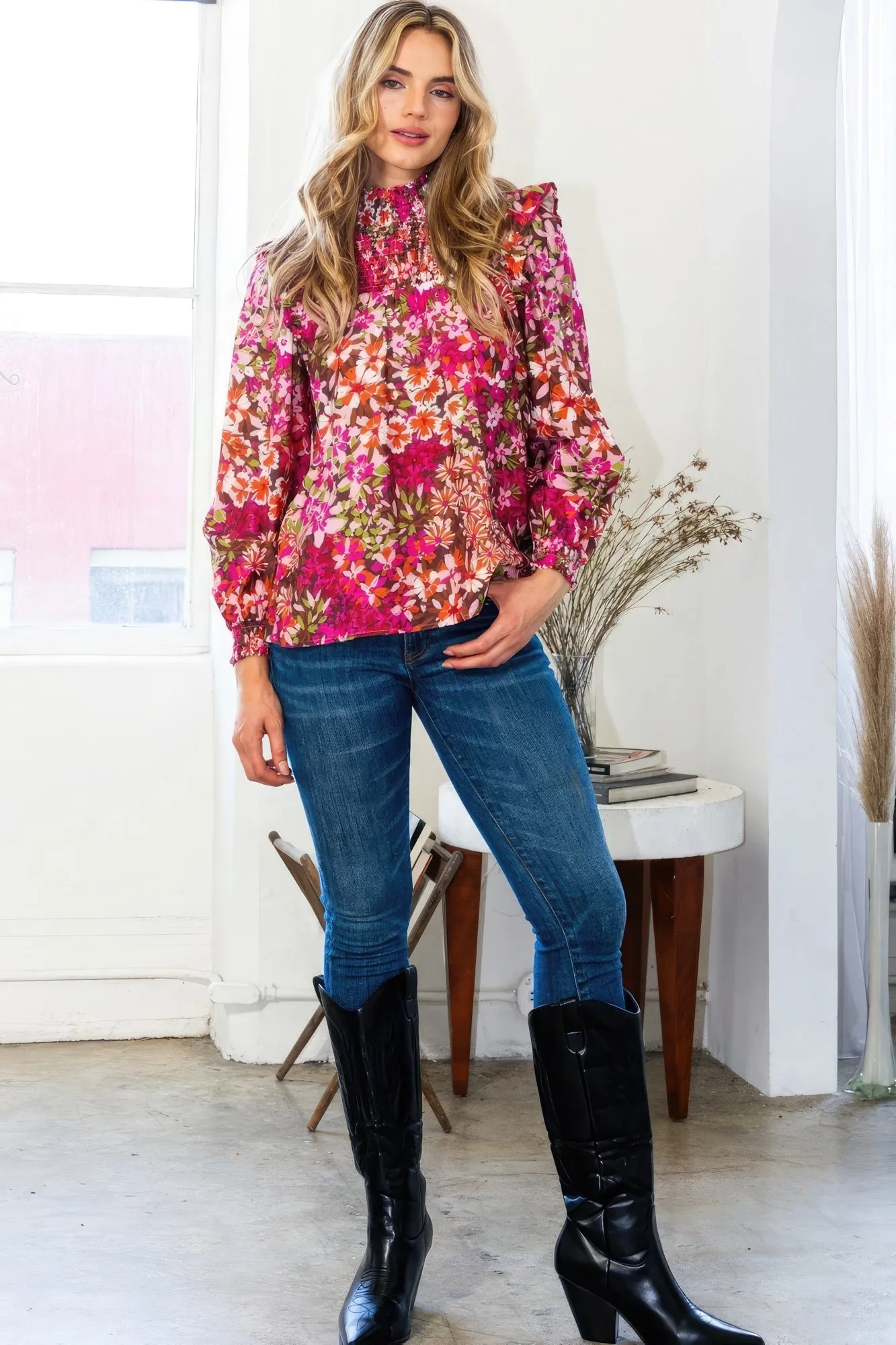 Women's Floral Mock Neck Smocked Yoke Blouse