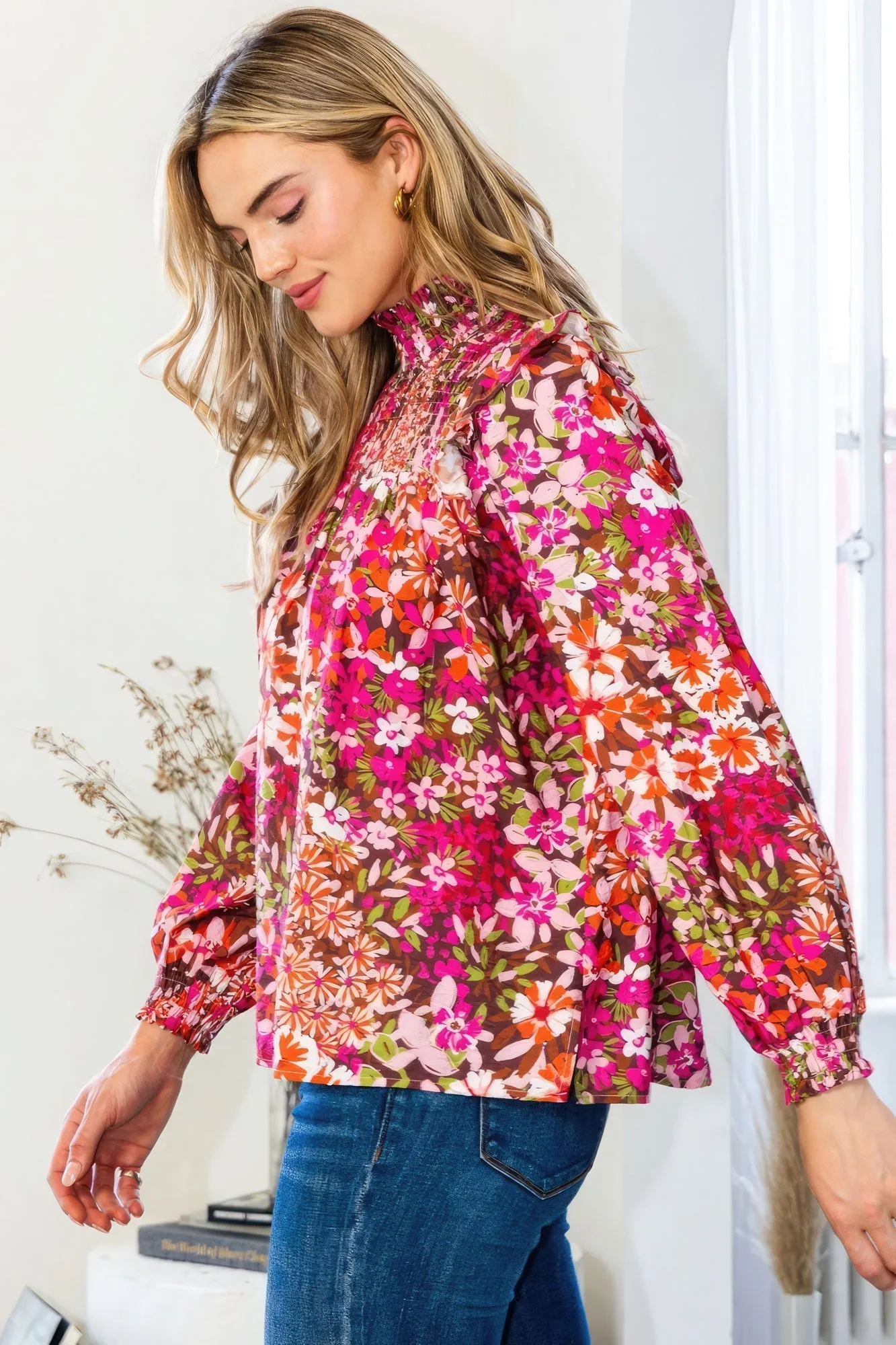 Women's Floral Mock Neck Smocked Yoke Blouse