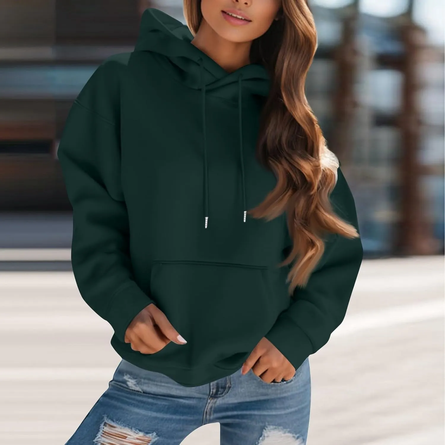 Womens Hoodies Fall Oversized Sweatshirt Preppy Fleece Pullover Solid Color Comfort Hoodie With Pockets