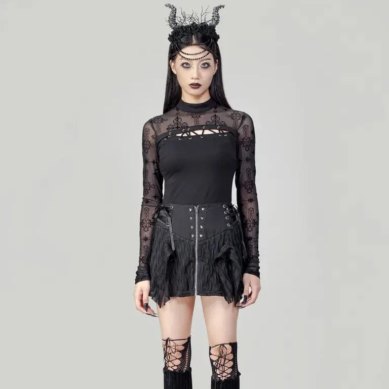 Women's Punk Cutout Flocking Mesh Shirt