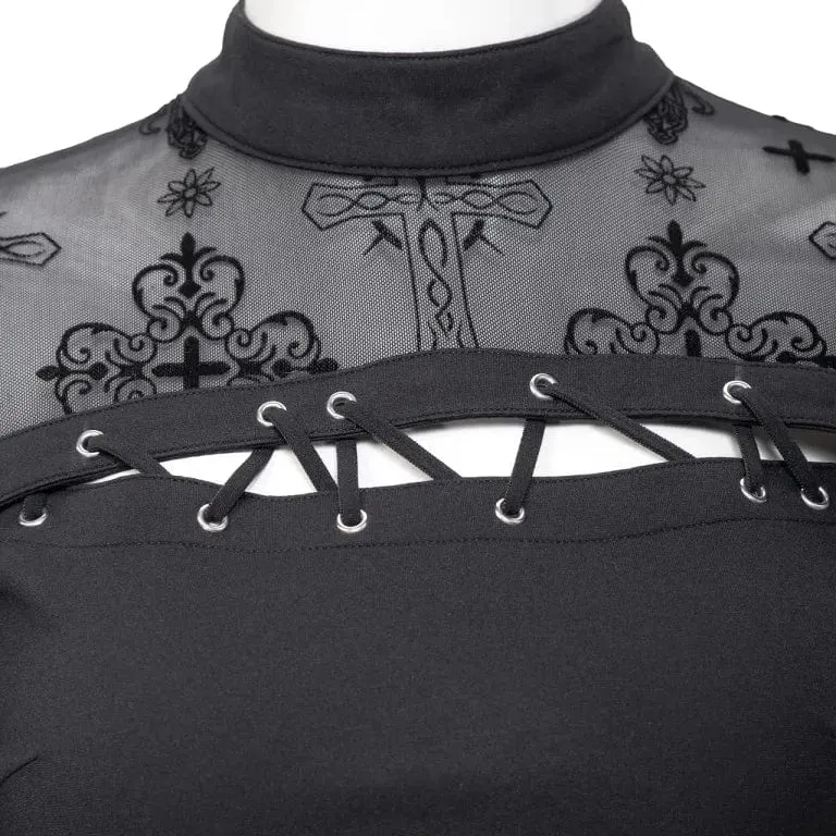 Women's Punk Cutout Flocking Mesh Shirt