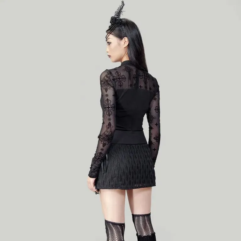 Women's Punk Cutout Flocking Mesh Shirt