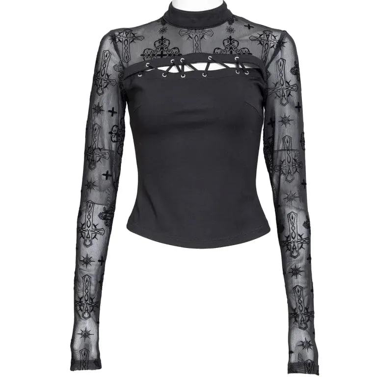 Women's Punk Cutout Flocking Mesh Shirt