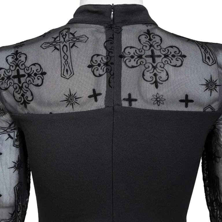 Women's Punk Cutout Flocking Mesh Shirt