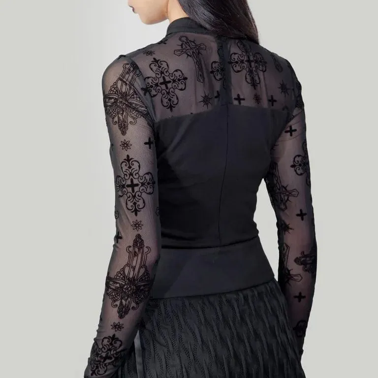 Women's Punk Cutout Flocking Mesh Shirt