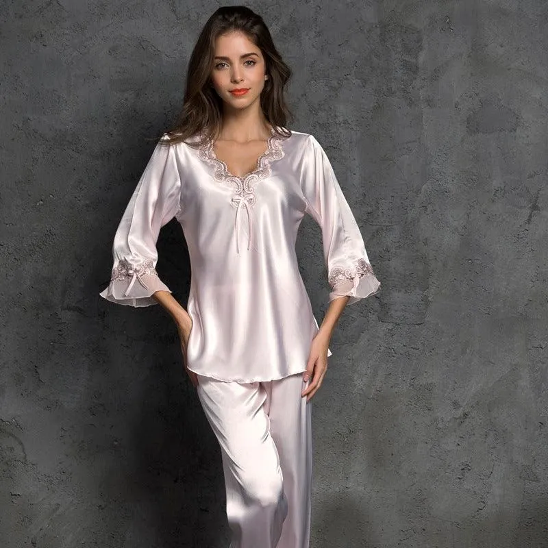 Women's Silk Solid Color Loungewear Robe Set