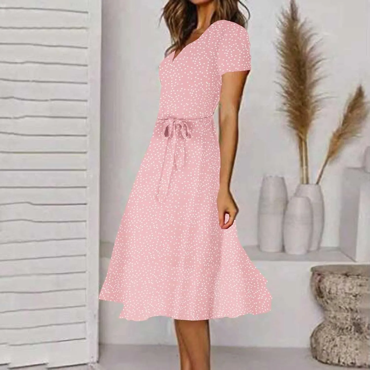 Women's Summer Dot Print Boho Vacation Long Dresses V Neck Short Sleeve Tie Flowy Wrap Dress Sundress Beach Dress