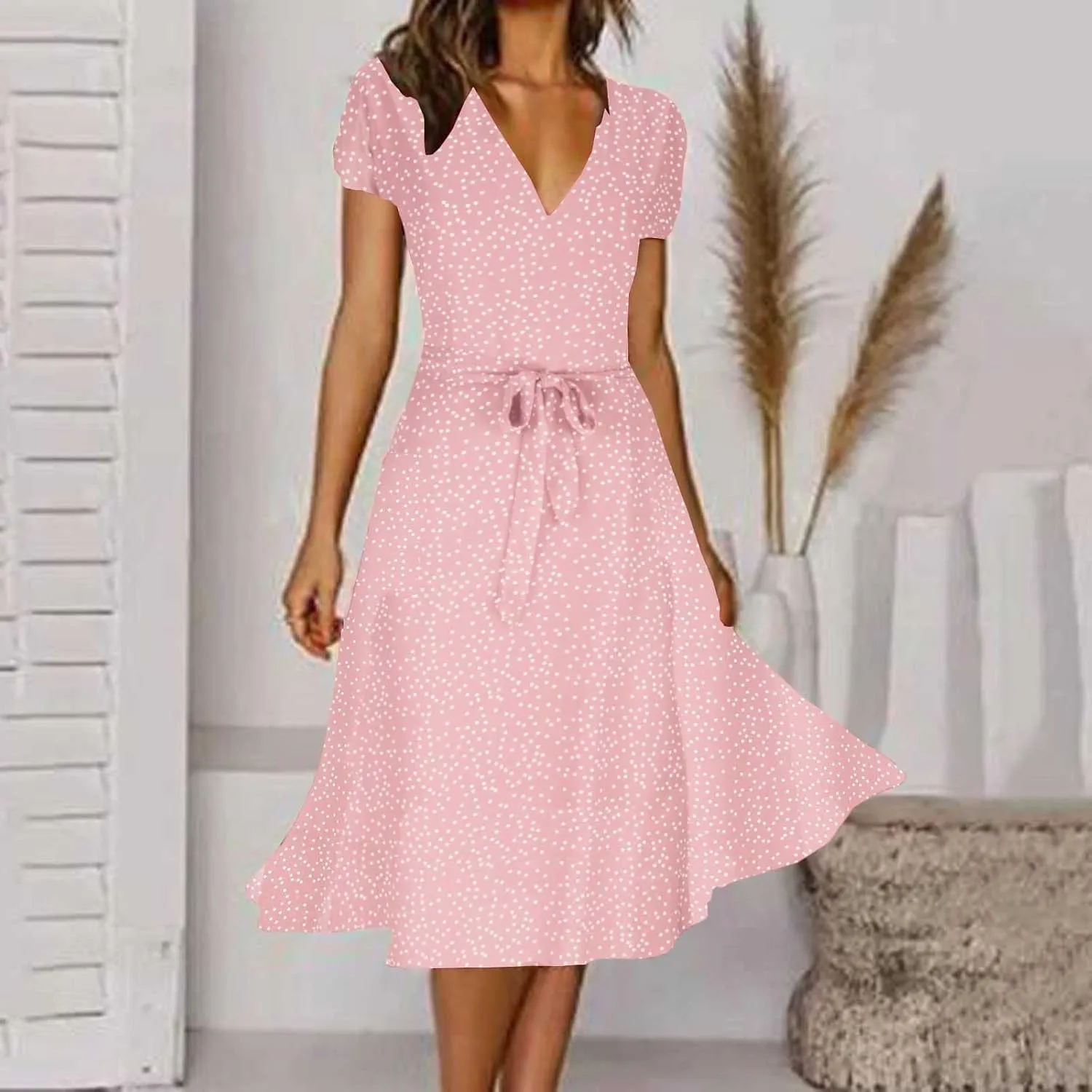 Women's Summer Dot Print Boho Vacation Long Dresses V Neck Short Sleeve Tie Flowy Wrap Dress Sundress Beach Dress