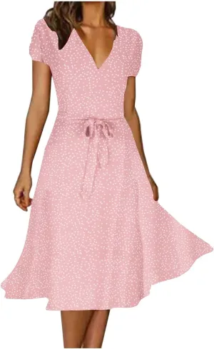 Women's Summer Dot Print Boho Vacation Long Dresses V Neck Short Sleeve Tie Flowy Wrap Dress Sundress Beach Dress