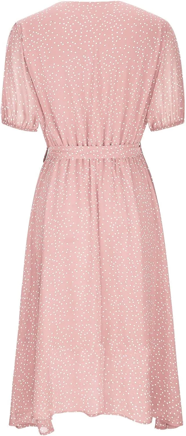 Women's Summer Dot Print Boho Vacation Long Dresses V Neck Short Sleeve Tie Flowy Wrap Dress Sundress Beach Dress