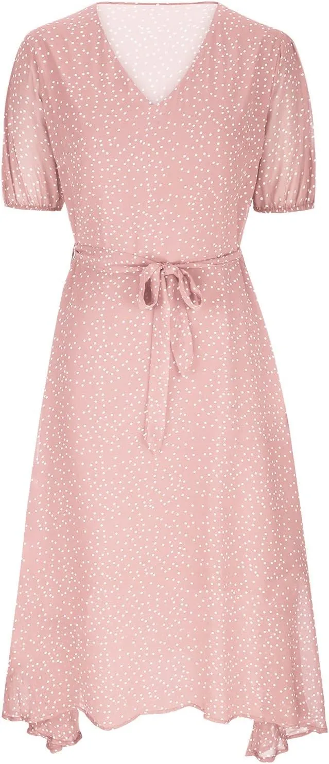 Women's Summer Dot Print Boho Vacation Long Dresses V Neck Short Sleeve Tie Flowy Wrap Dress Sundress Beach Dress