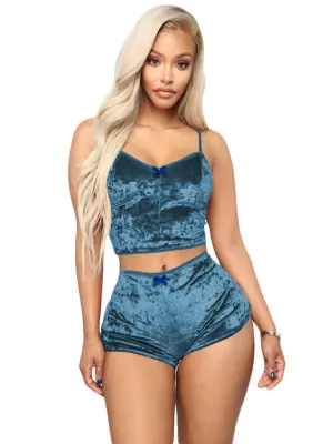 Women's Velvet V-Neck Two Piece Luxurious Lingerie Loungewear Set