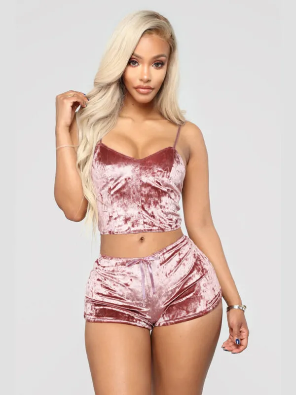 Women's Velvet V-Neck Two Piece Luxurious Lingerie Loungewear Set