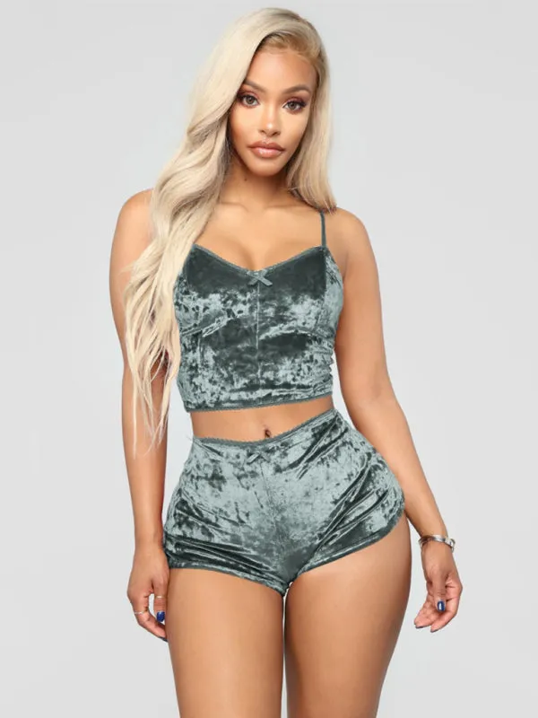 Women's Velvet V-Neck Two Piece Luxurious Lingerie Loungewear Set