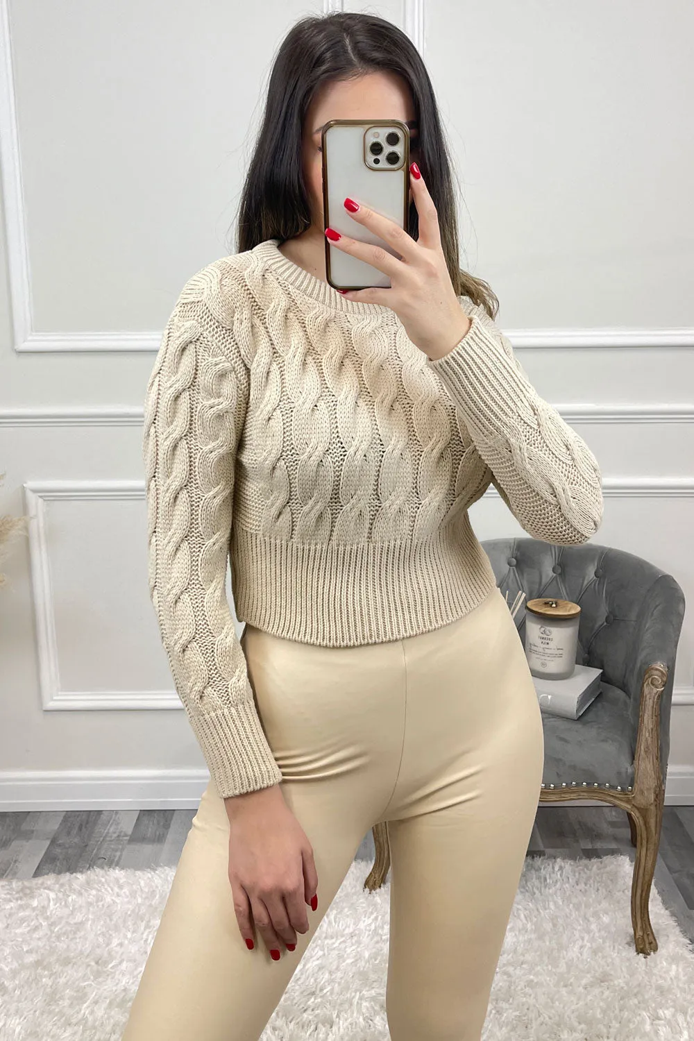 Yasmyn Beige Chunky Cable Knit Cropped Jumper
