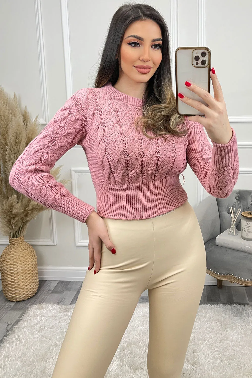Yasmyn Pink Chunky Cable Knit Cropped Jumper