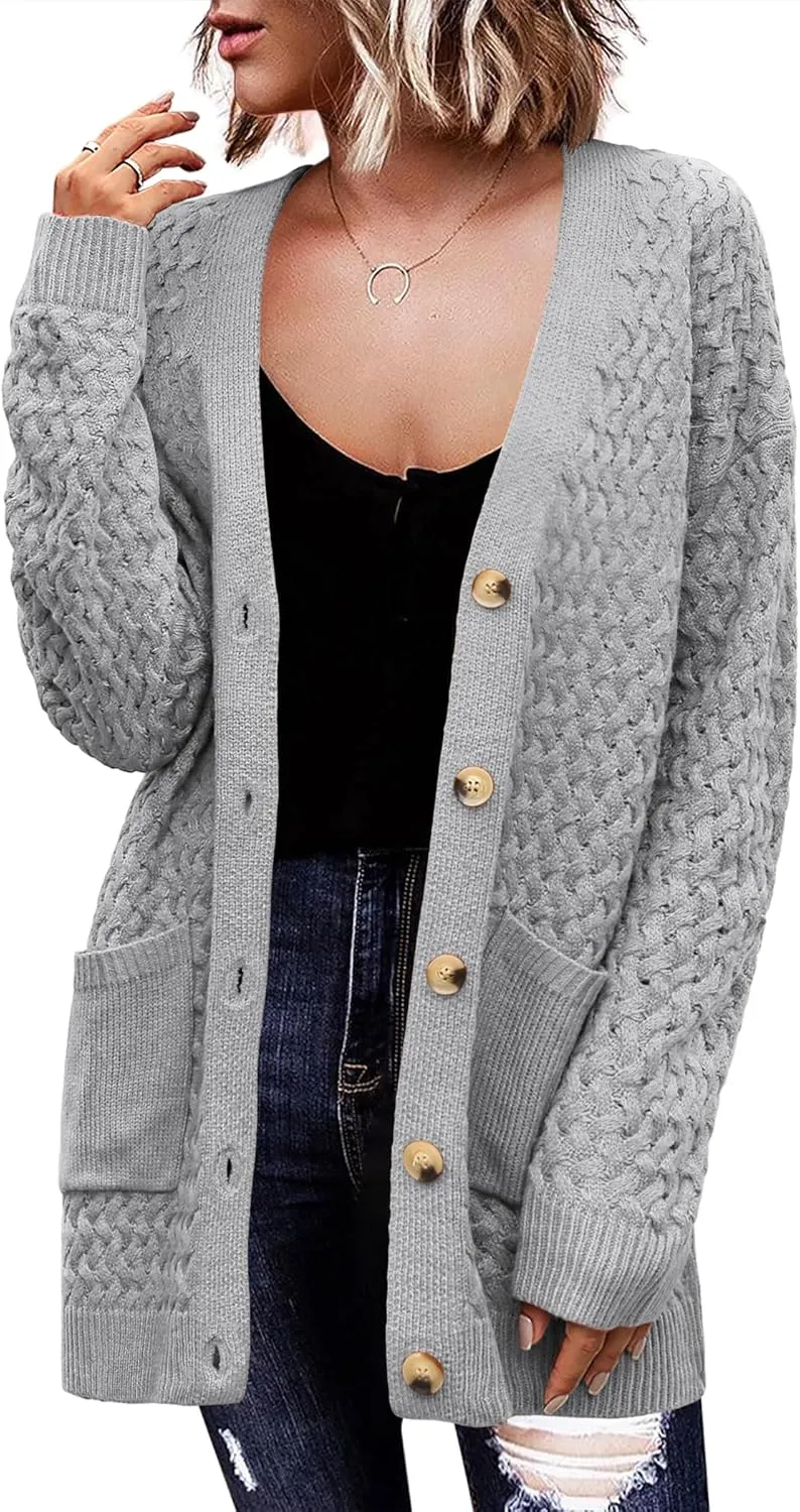 Zeagoo Womens 2025 Long Sleeve Chunky Cable Knit Fall Cardigans Sweaters Button Down Open Front Outerwear with Pockets