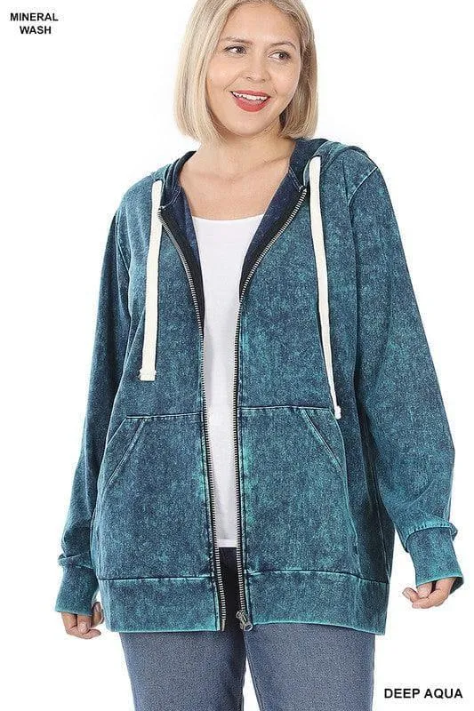ZENANA Plus Mineral Wash Zippers Hoodie Jacket