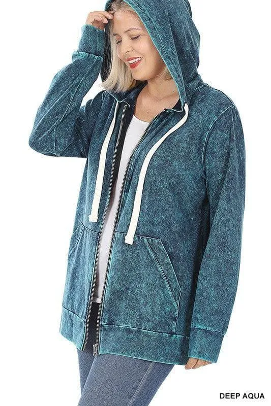 ZENANA Plus Mineral Wash Zippers Hoodie Jacket
